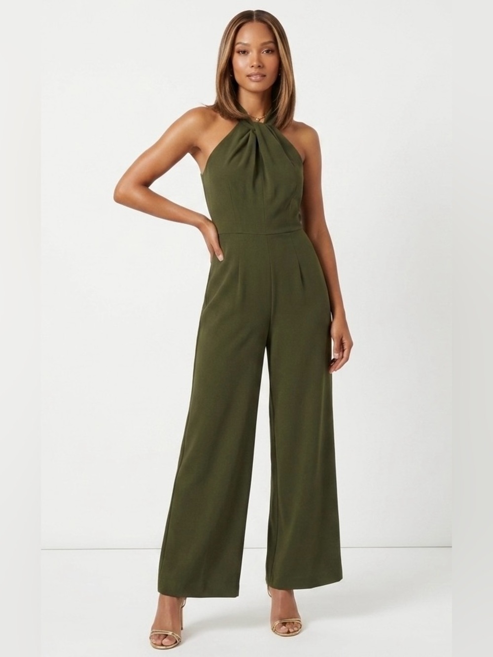 JULIA JORDAN HALTER TWIST NECK, WIDE LEG JUMPSUIT IN OLIVE GREEN -NWOT-Sz 8